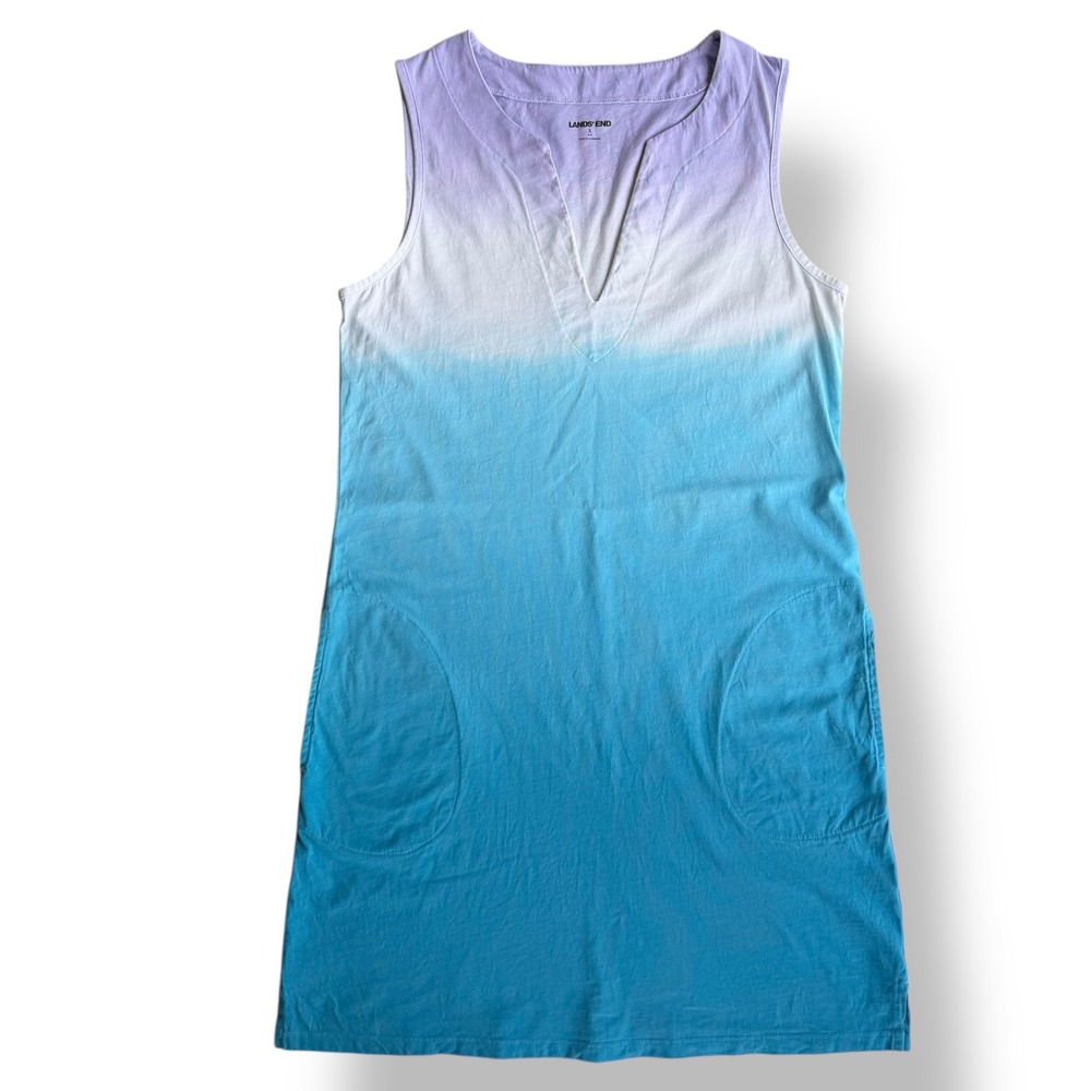 Lands' End Women's S Blue Purple Ombre Dip Dye Cotton Shift Dress Beach Coverup